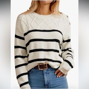 Grace Karin B&W Striped Cable Knit Sweater Preppy Fishermen’s Classic Chic Sz S